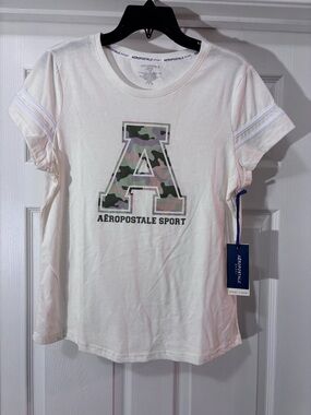 Aeropostale White Short Sleeve Tee with Camo 'A' Logo - Size Large